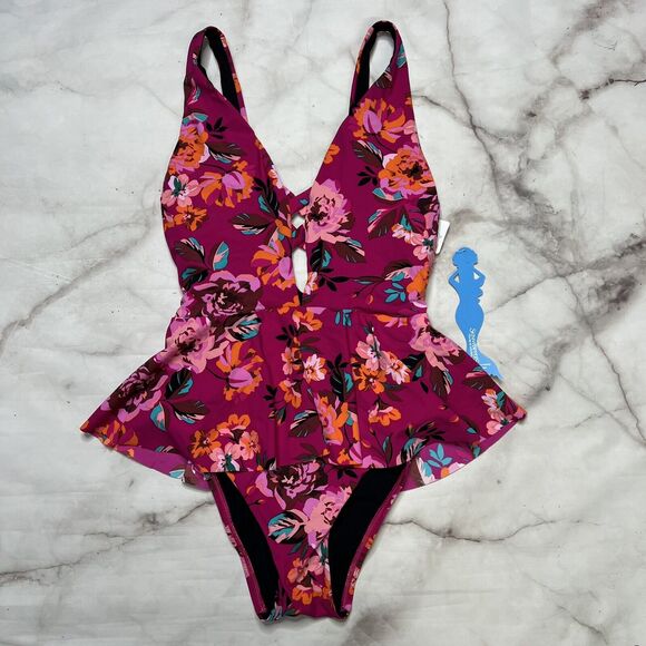 Skinny Dippers HOT HOUSE PINK Too Too Plunge Skirt One Piece Swimsuit Small New - Picture 2 of 5